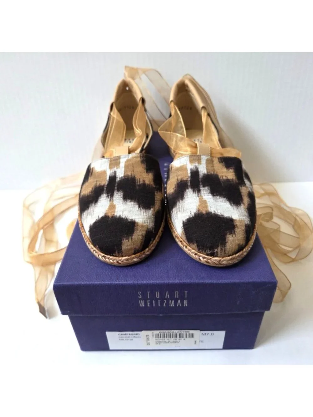 Stuart Weitzman Flats 7 Beige Black Calico Linen Espadrille D'Orsay Lace Up NEW